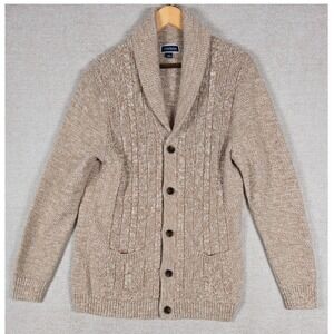 Club Room Mens Shawl Collar Cardigan Sweater Tan Marled Cable Knit Cotton Medium